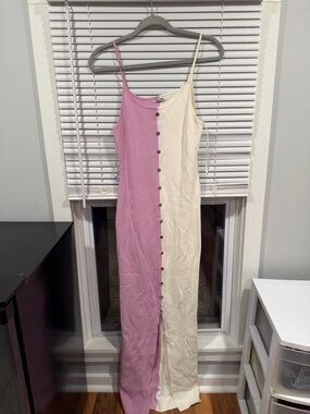 Fashion Nova Pink & Cream Button-Front Maxi Slip Dress